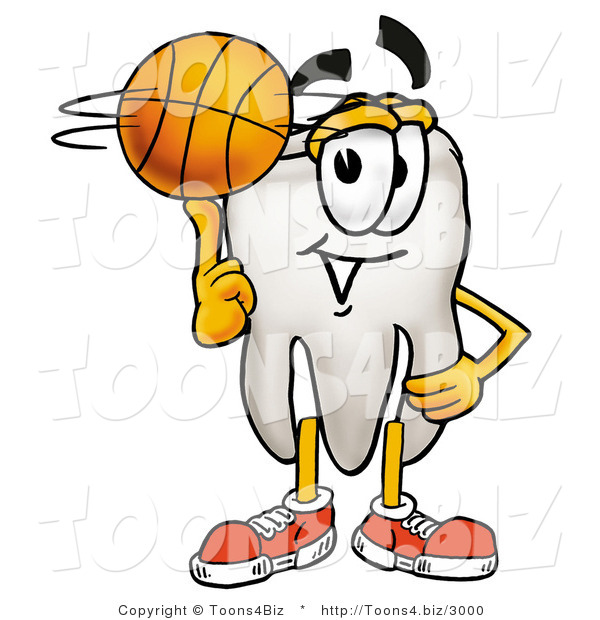 Illustration of a Cartoon Tooth Mascot Spinning a Basketball on His Finger