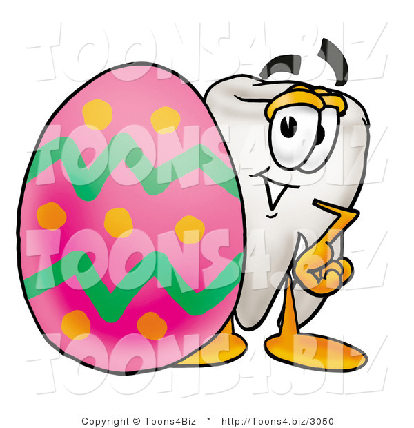 Illustration of a Cartoon Tooth Mascot Standing Beside an Easter Egg