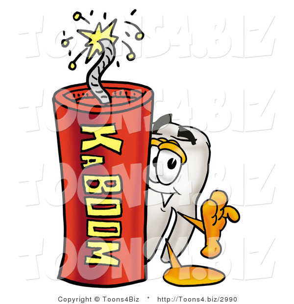 Illustration of a Cartoon Tooth Mascot Standing with a Lit Stick of Dynamite