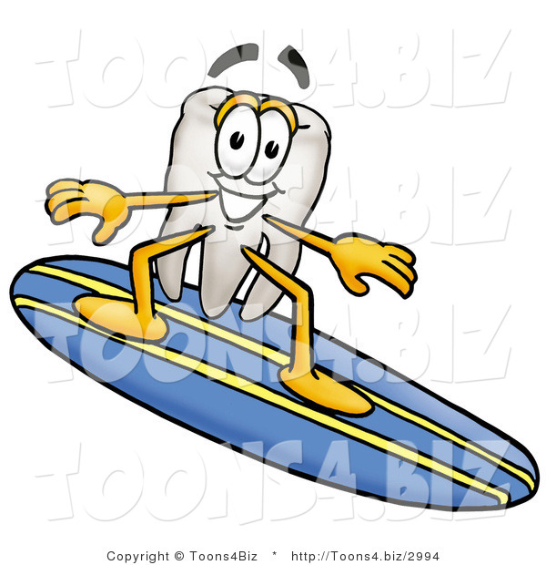 Illustration of a Cartoon Tooth Mascot Surfing on a Blue and Yellow Surfboard