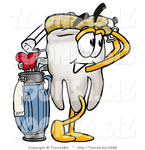 Illustration of a Cartoon Tooth Mascot Swinging His Golf Club While Golfing