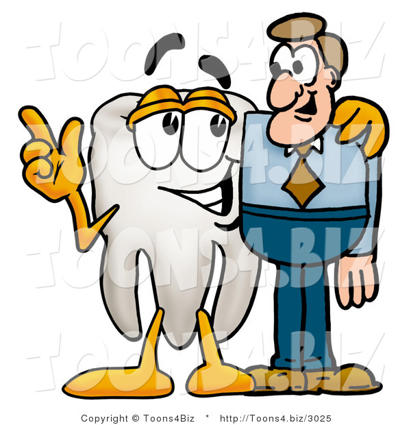 Illustration of a Cartoon Tooth Mascot Talking to a Business Man