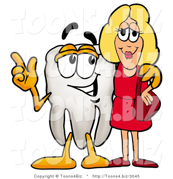 Illustration of a Cartoon Tooth Mascot Talking to a Pretty Blond Woman