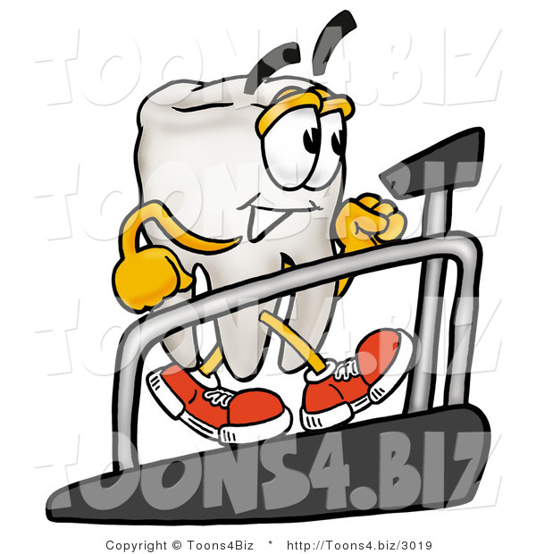 Illustration of a Cartoon Tooth Mascot Walking on a Treadmill in a Fitness Gym