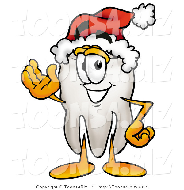 Illustration of a Cartoon Tooth Mascot Wearing a Santa Hat and Waving