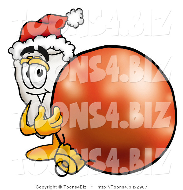 Illustration of a Cartoon Tooth Mascot Wearing a Santa Hat, Standing with a Christmas Bauble