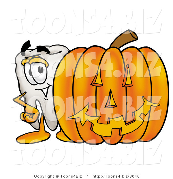 Illustration of a Cartoon Tooth Mascot with a Carved Halloween Pumpkin
