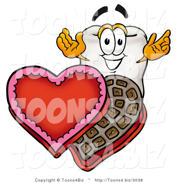 Illustration of a Cartoon Tooth Mascot with an Open Box of Valentines Day Chocolate Candies