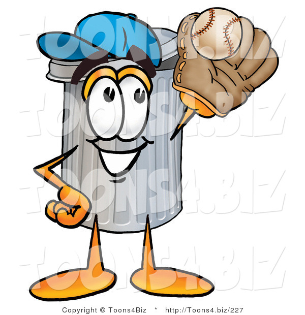 Illustration of a Cartoon Trash Can Mascot Catching a Baseball with a Glove