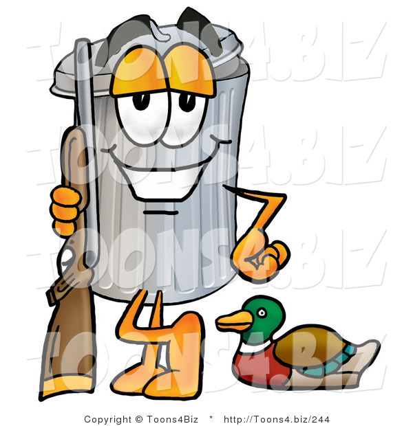 Illustration of a Cartoon Trash Can Mascot Duck Hunting, Standing with a Rifle and Duck