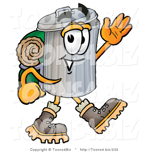 Illustration of a Cartoon Trash Can Mascot Hiking and Carrying a Backpack