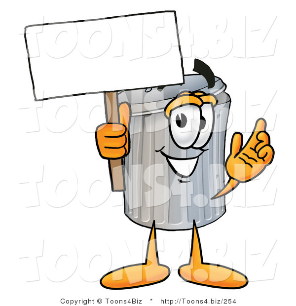 Illustration of a Cartoon Trash Can Mascot Holding a Blank Sign