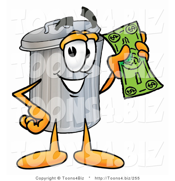 Illustration of a Cartoon Trash Can Mascot Holding a Dollar Bill