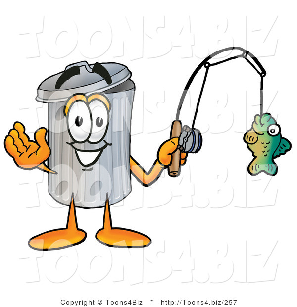Illustration of a Cartoon Trash Can Mascot Holding a Fish on a Fishing Pole