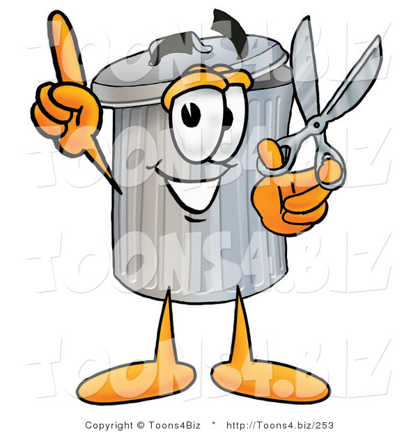 Illustration of a Cartoon Trash Can Mascot Holding a Pair of Scissors