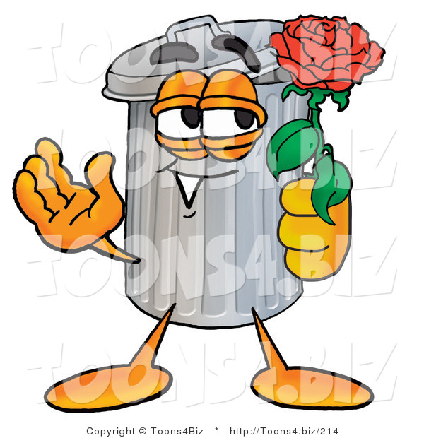Illustration of a Cartoon Trash Can Mascot Holding a Red Rose on Valentines Day