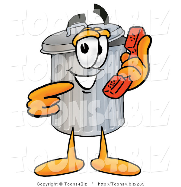 Illustration of a Cartoon Trash Can Mascot Holding a Telephone