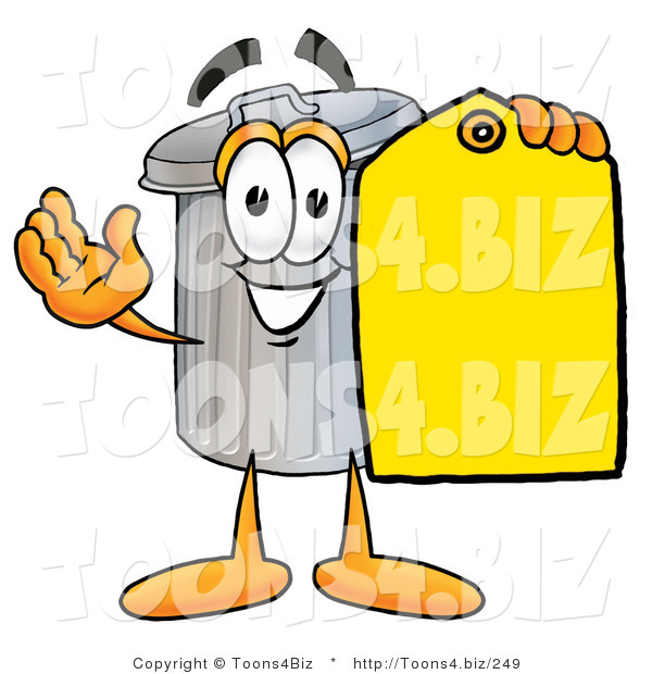 Illustration of a Cartoon Trash Can Mascot Holding a Yellow Sales Price Tag