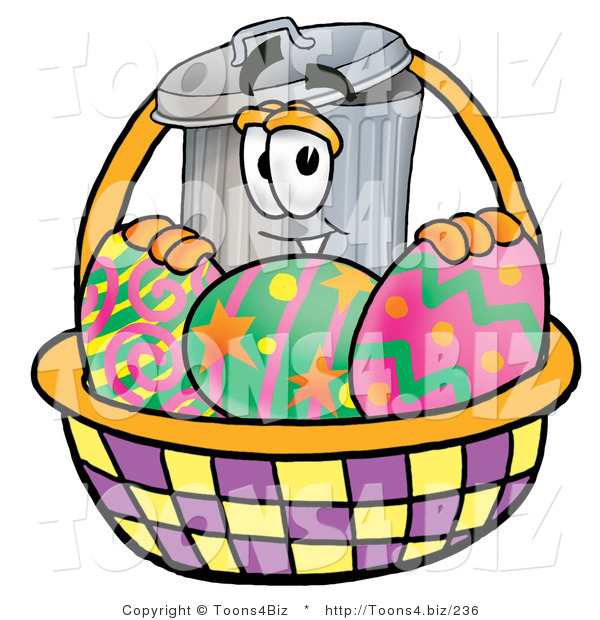 Illustration of a Cartoon Trash Can Mascot in an Easter Basket Full of Decorated Easter Eggs