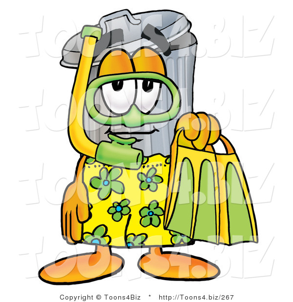 Illustration of a Cartoon Trash Can Mascot in Green and Yellow Snorkel Gear