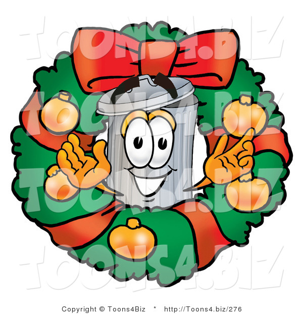 Illustration of a Cartoon Trash Can Mascot in the Center of a Christmas Wreath