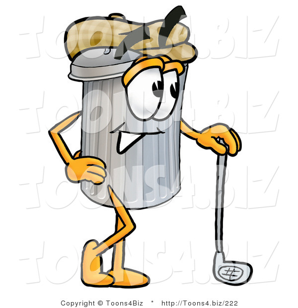 Illustration of a Cartoon Trash Can Mascot Leaning on a Golf Club While Golfing