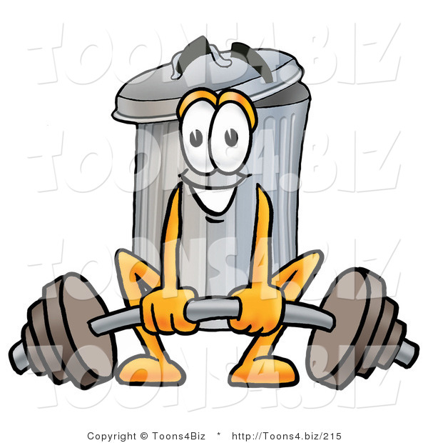 Illustration of a Cartoon Trash Can Mascot Lifting a Heavy Barbell