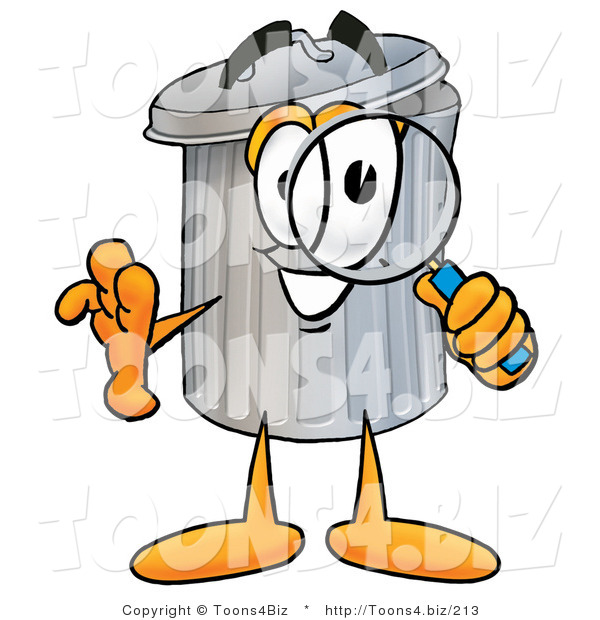 Illustration of a Cartoon Trash Can Mascot Looking Through a Magnifying Glass
