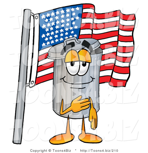 Illustration of a Cartoon Trash Can Mascot Pledging Allegiance to an American Flag