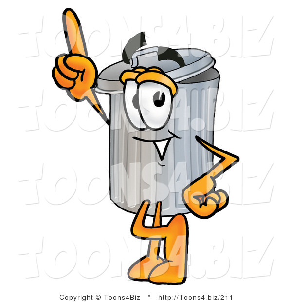 Illustration of a Cartoon Trash Can Mascot Pointing Upwards