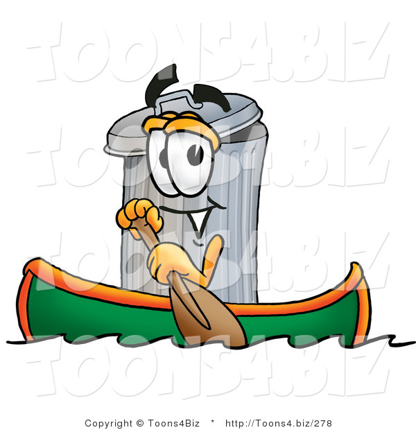 Illustration of a Cartoon Trash Can Mascot Rowing a Boat