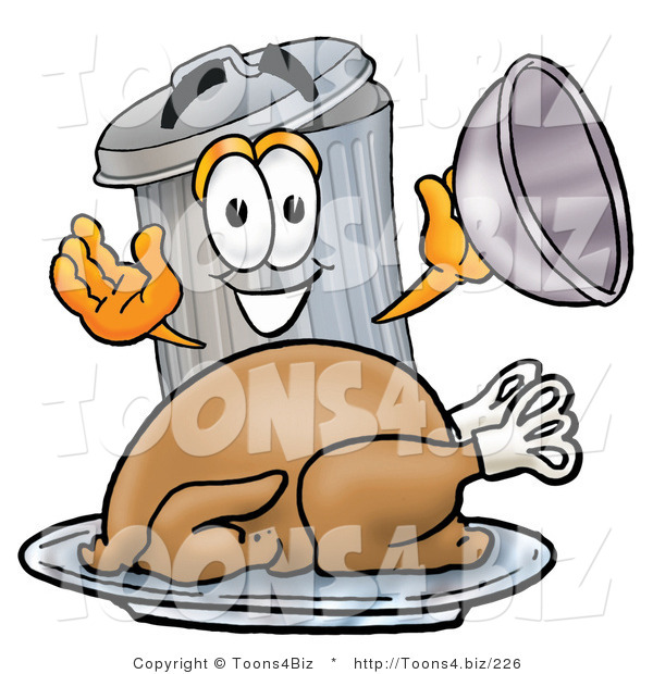 Illustration of a Cartoon Trash Can Mascot Serving a Thanksgiving Turkey on a Platter