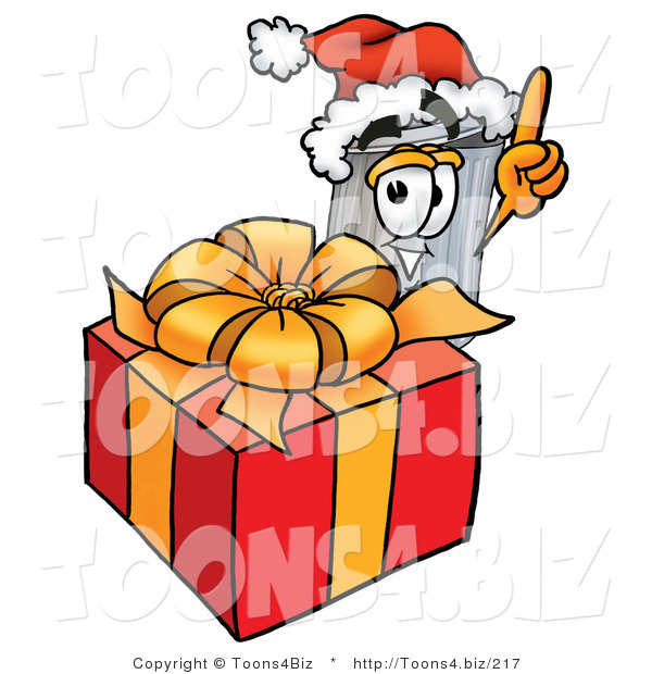 Illustration of a Cartoon Trash Can Mascot Standing by a Christmas Present