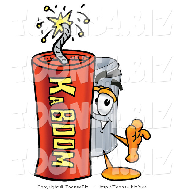 Illustration of a Cartoon Trash Can Mascot Standing with a Lit Stick of Dynamite
