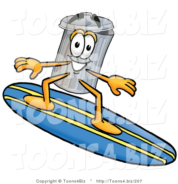 Illustration of a Cartoon Trash Can Mascot Surfing on a Blue and Yellow Surfboard