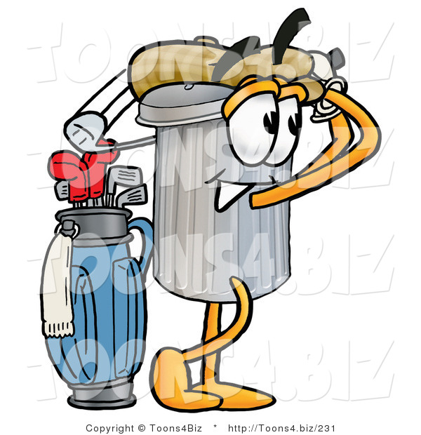 Illustration of a Cartoon Trash Can Mascot Swinging His Golf Club While Golfing
