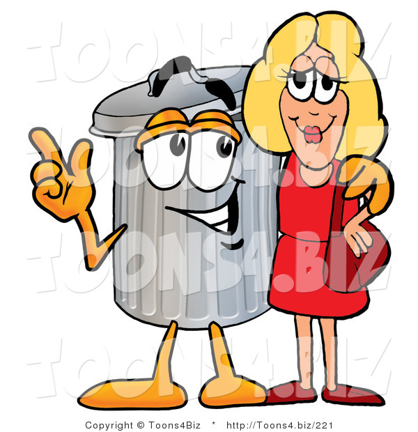 Illustration of a Cartoon Trash Can Mascot Talking to a Pretty Blond Woman