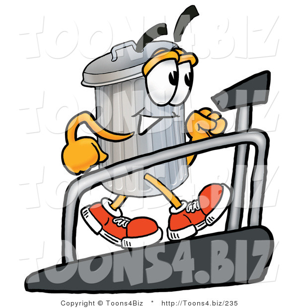 Illustration of a Cartoon Trash Can Mascot Walking on a Treadmill in a Fitness Gym