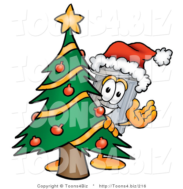 Illustration of a Cartoon Trash Can Mascot Waving and Standing by a Decorated Christmas Tree