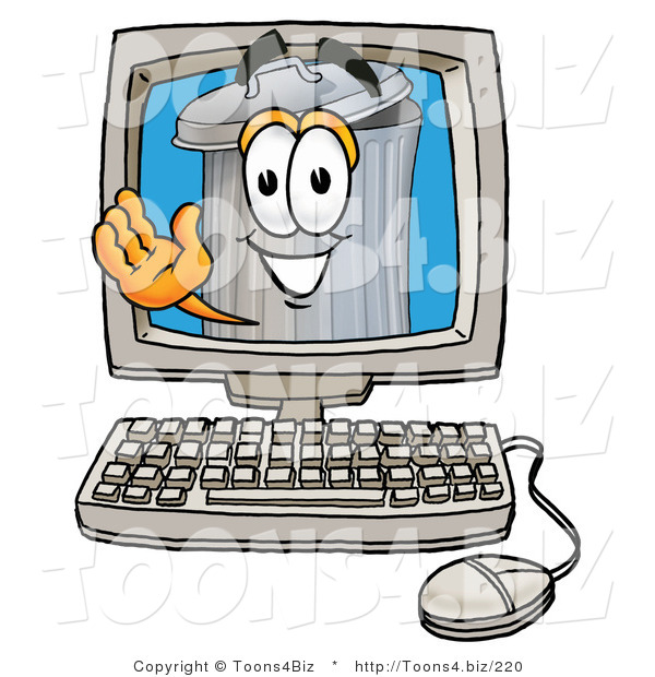 Illustration of a Cartoon Trash Can Mascot Waving from Inside a Computer Screen