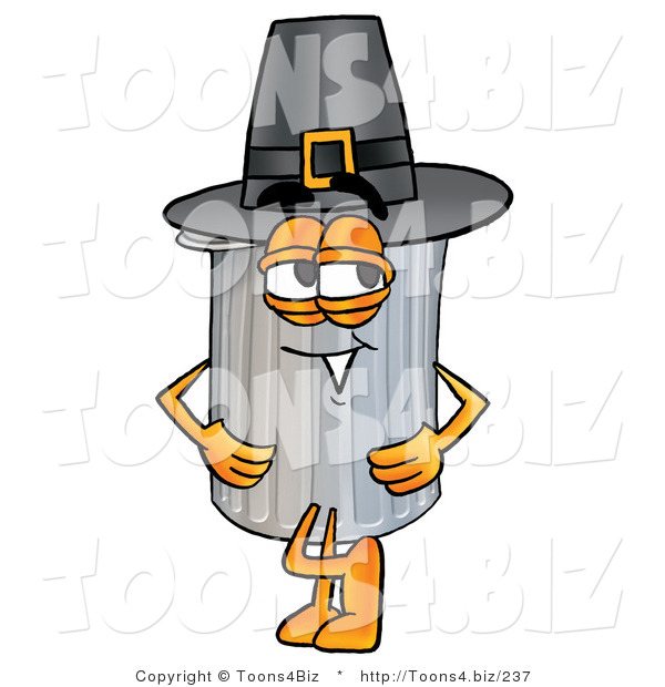 Illustration of a Cartoon Trash Can Mascot Wearing a Pilgrim Hat on Thanksgiving