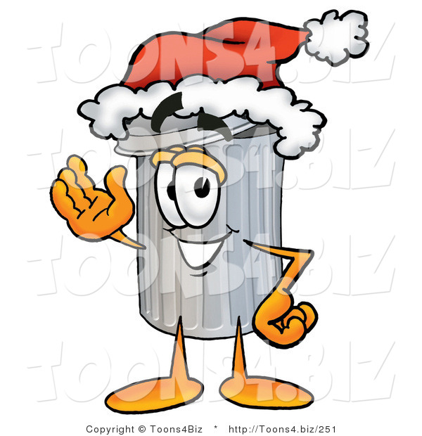 Illustration of a Cartoon Trash Can Mascot Wearing a Santa Hat and Waving
