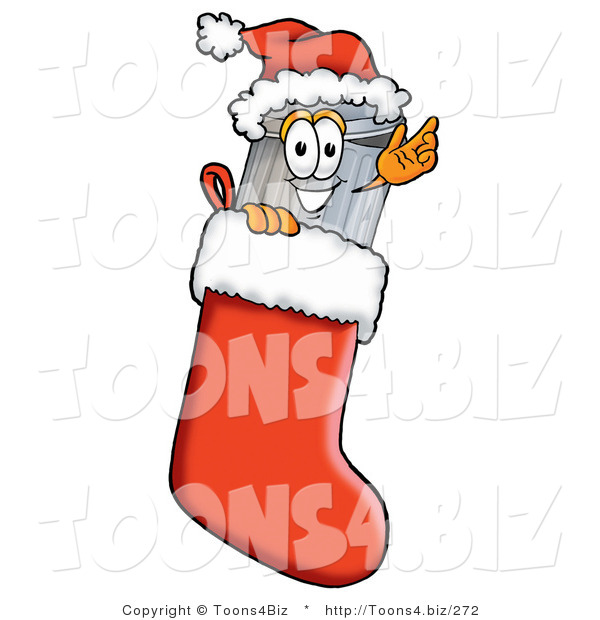 Illustration of a Cartoon Trash Can Mascot Wearing a Santa Hat Inside a Red Christmas Stocking