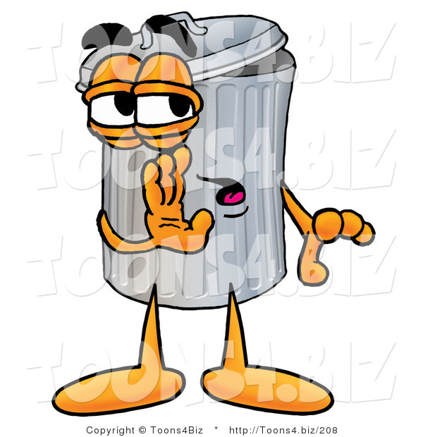 Illustration of a Cartoon Trash Can Mascot Whispering and Gossiping