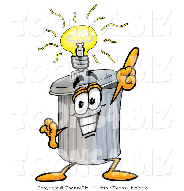 Illustration of a Cartoon Trash Can Mascot with a Bright Idea
