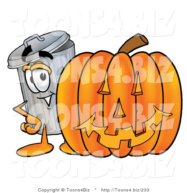 Illustration of a Cartoon Trash Can Mascot with a Carved Halloween Pumpkin