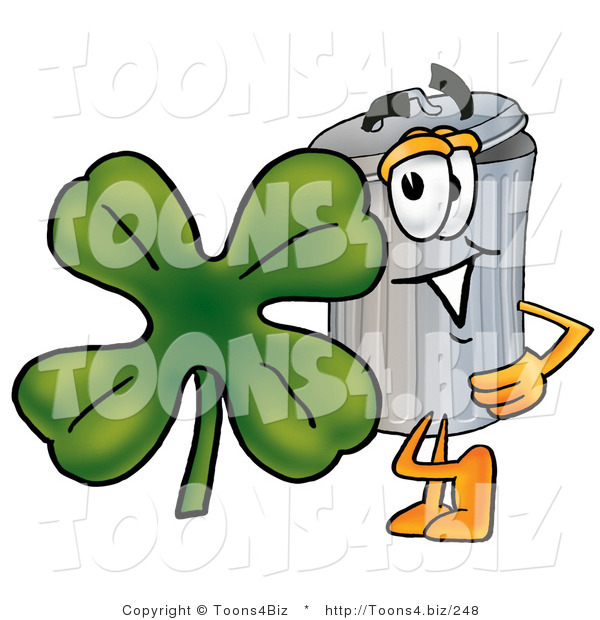 Illustration of a Cartoon Trash Can Mascot with a Green Four Leaf Clover on St Paddy's or St Patricks Day