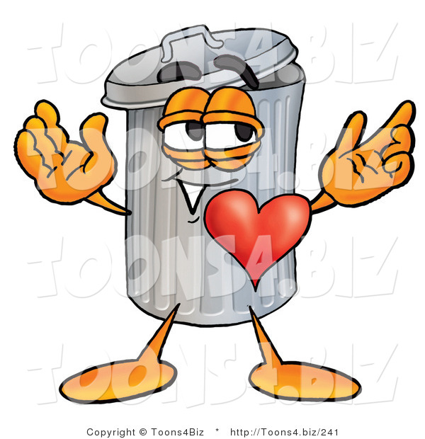 Illustration of a Cartoon Trash Can Mascot with His Heart Beating out of His Chest