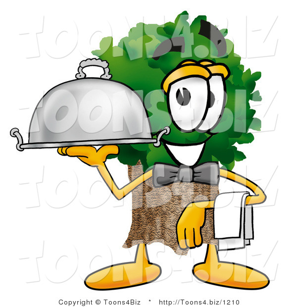 Illustration of a Cartoon Tree Mascot Dressed As a Waiter and Holding a Serving Platter