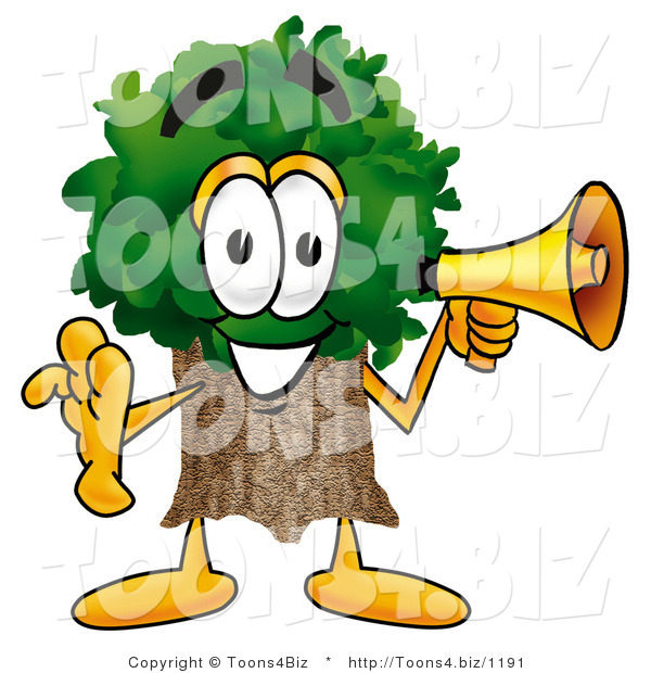Illustration of a Cartoon Tree Mascot Holding a Megaphone